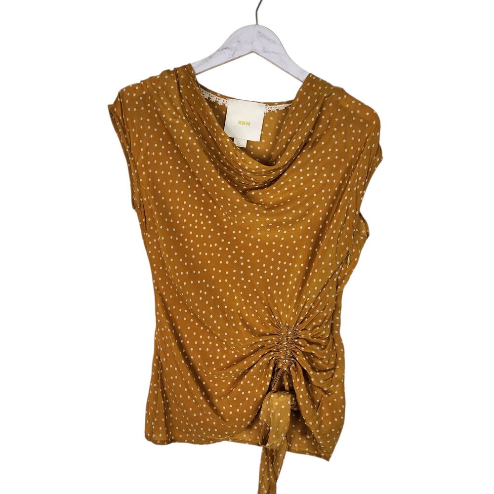 MAEVE Top Womens 0 Yellow Polka Dot Silk Cowl Neck Ruched Tie Waist Top Twee